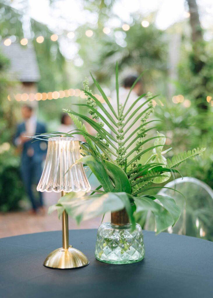 A centerpiece setup for a cocktail hour at The Audubon House and Gardens in Key West.
