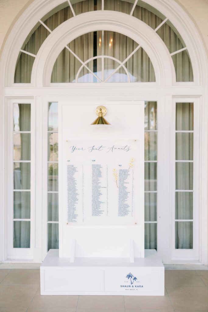 A beautiful seating chart at a wedding at The Casa Marina in Key west
