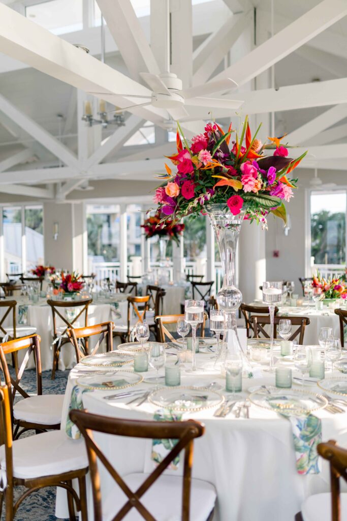 A tropical wedding reception in the ballroom of Hyatt Centric Key West
