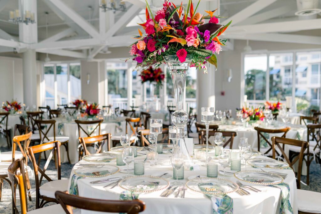 A tropical wedding reception in the ballroom of Hyatt Centric Key West